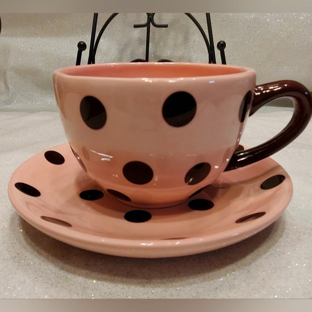 BARNES & Noble Cup & Saucer Pink with Brown Polka Dots Coffee Tea Mug